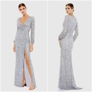 Mac Duggal Silver Multi-Colored Sequin Front Slit Long Sleeve Gown